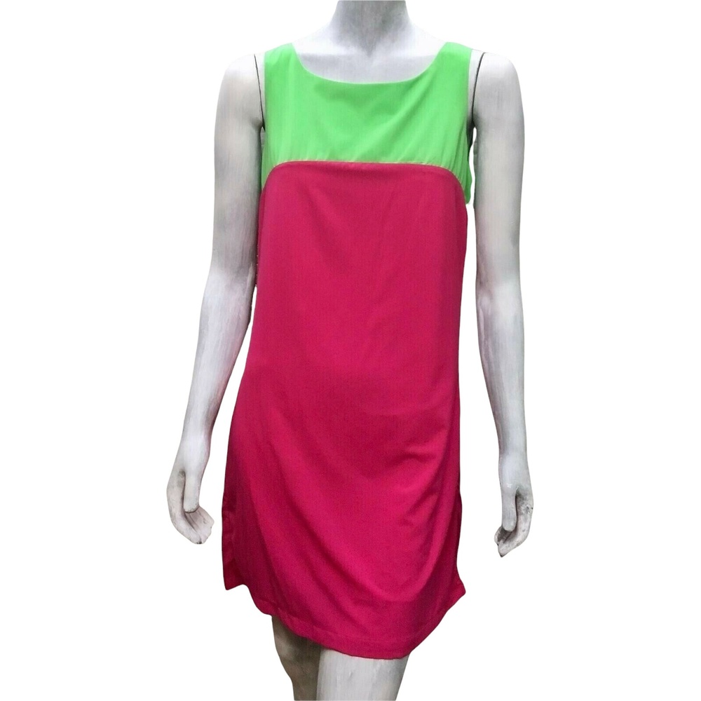 ASDS Womens Dress Shift Neon Pink Green Color Block Sleeveless Mini Mod L